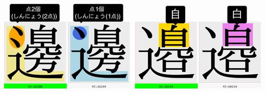 異体字カラーナビの画面例:「邊」の異体字の一部