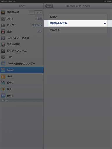 iPadのCookieの受け入れの画面